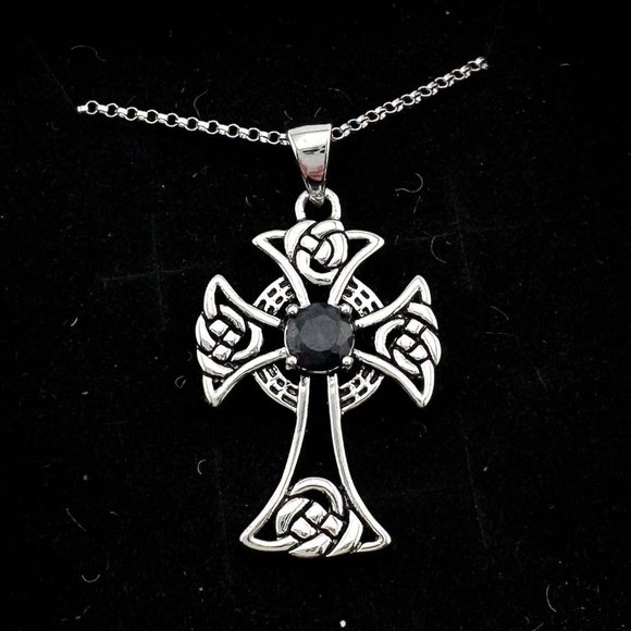 Bold Celtic Cross with Black Sapphire Center - Sterling Silver with 18" Chain - Picture 8 of 9
